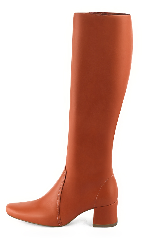 Terracotta orange women's feminine knee-high boots. Round toe. Low flare heels. Made to measure. Profile view - Florence KOOIJMAN